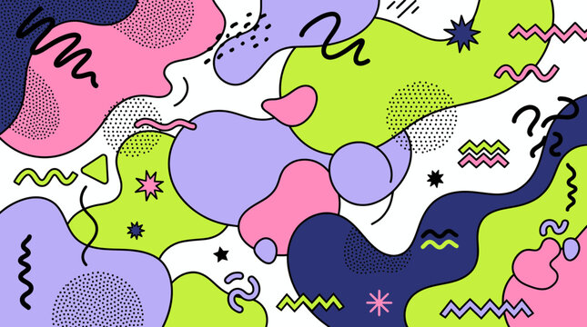 Abstract colorful memphis style background with fluid organic shapes, stipple patterns and geometric squiggly lines on white, symbolizing creative brand identity or artistic presentation