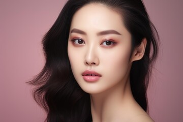 Naklejka premium Beautiful asian woman with flawless skin and light makeup posing for a beauty or skincare concept