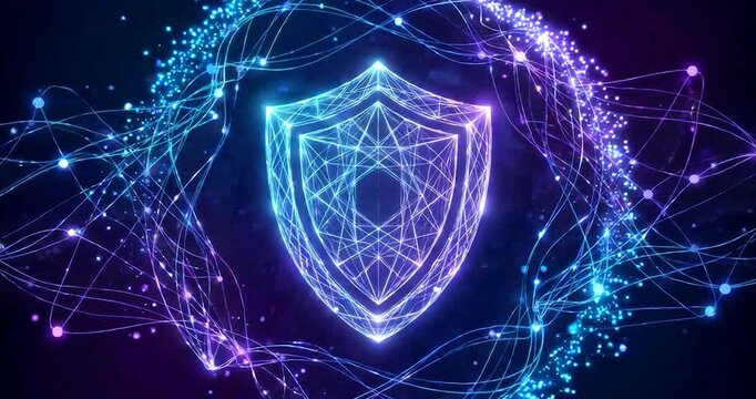 Cybersecurity digital shield for network data protection with encryption, abstract technology security concept futuristic glowing shield inside flowing network lines dark background with neon blue