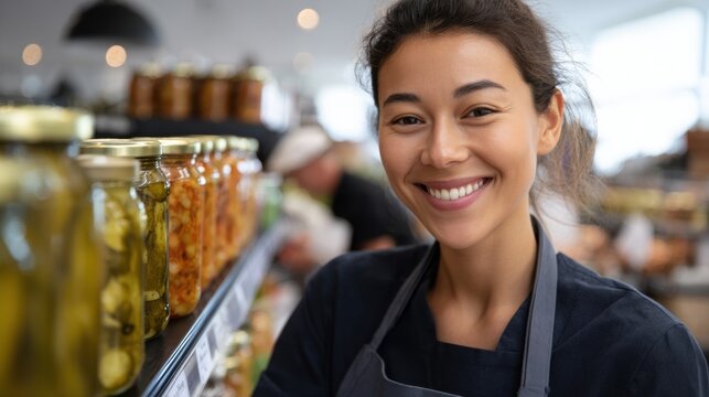 Smiling Asian female shopkeeper in black apron stands beside shelves of jars filled with pickled vegetables and fruits in a bright grocery store interior