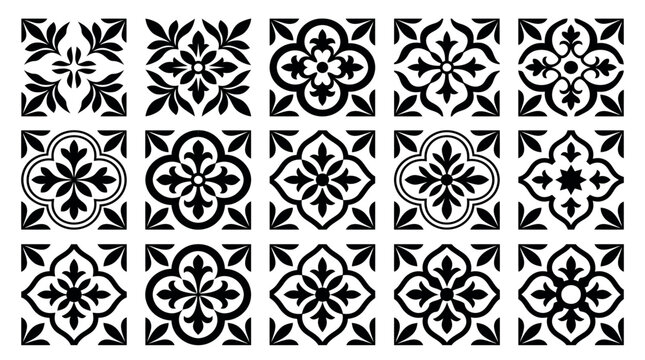 Set of black and white vintage floral tile patterns with ornate geometric ornaments on white background, provides aesthetic solutions for interior home decoration or stylish textile branding