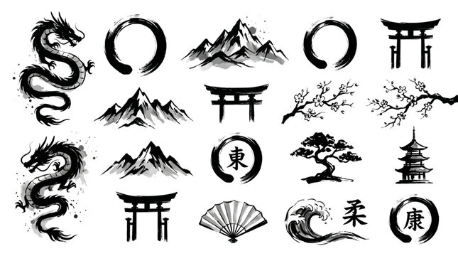 Collection of traditional Japanese ink brush icons featuring dragons, mountains and torii gates on white background, representing oriental heritage, symbolizing zen and spiritual balance