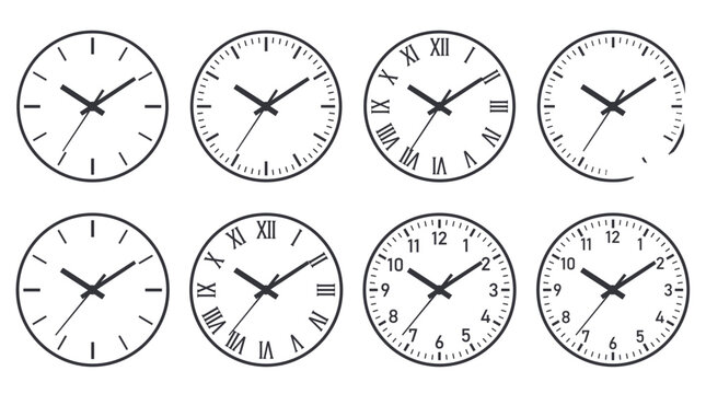 Set of eight minimalist wall clock faces with various dial styles including Roman and Arabic numerals on white background, representing time management concepts, symbolizing deadline efficiency