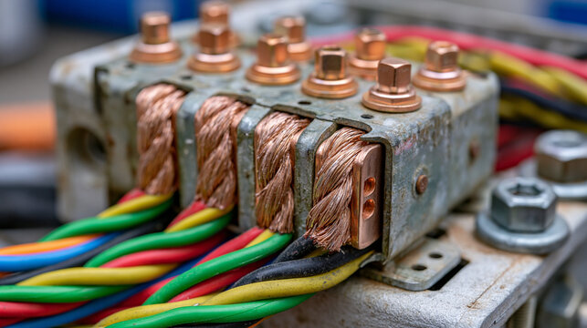 Industrial junction box wire termination strip, multi conductor splice block, electrical panel wiring detail macro, copper terminal connections, workshop installation engineering component close, co