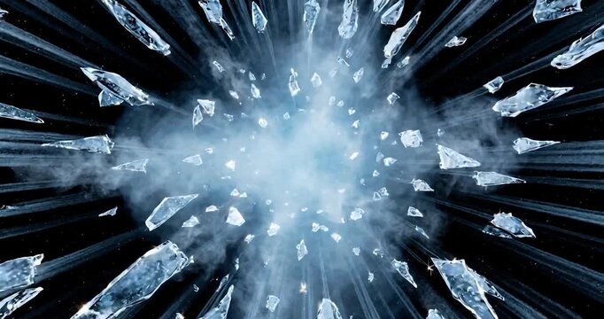 Glass shard explosion break splinter smoke debris abstract background fragment impact with flying broken pieces, frozen shards bursting outward, sharp edge texture, dramatic high speed energy and icy