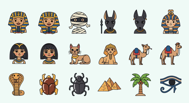 Ancient Egypt Cute Icons: Pharaoh, Mummy, Anubis, Cleopatra, Sphinx, Camel, Cobra