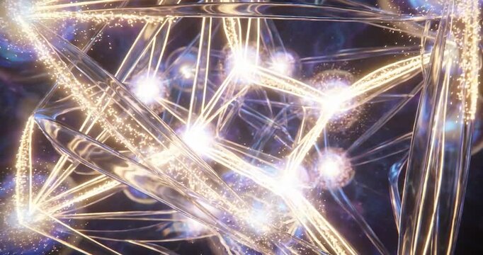 Abstract cube geometric wireframe with glowing light energy sparkle, futuristic 3d render abstract network sphere neural nodes fiber optic data connection AI digital technology pattern blue light
