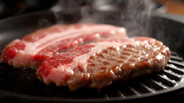 Close-up of raw marbled beef steak sizzling on a hot grill pan.