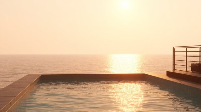 Horizon view from an infinity edge swimming pool during a warm sunset over a vast ocean
