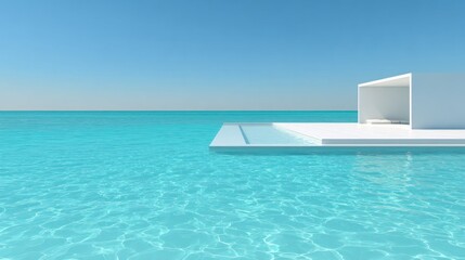 Obraz premium Minimalist architecture features a white structure beside an infinity pool merging with turquoise ocean water under a clear blue sky.