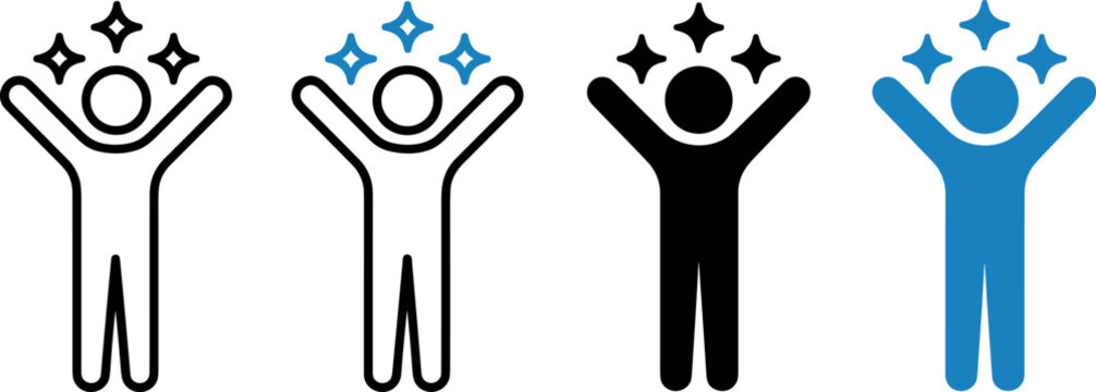 Successful person icon set featuring happy human figures with raised hands and shining stars in outline and solid vector illustration