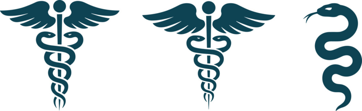 Caduceus and rod of asclepius medical symbol set featuring blue pharmacy signs with wings and snakes vector illustration