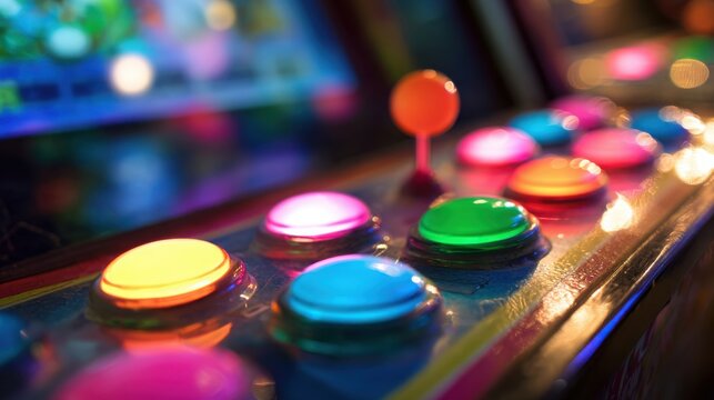 Bright colorful arcade machine buttons glowing under neon lighting, playful retro gaming atmosphere, glossy reflections, ultra detailed textures