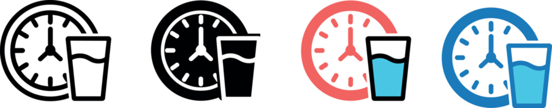 Water drinking reminder icon set featuring clocks and glasses of water in outline solid and colorful styles vector illustration