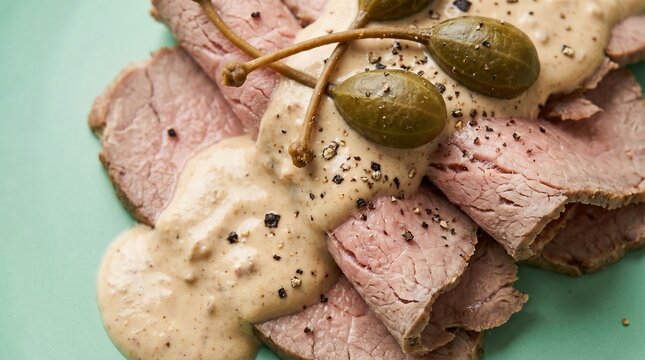 Macro shot of Vitello Tonnato with creamy sauce on green background