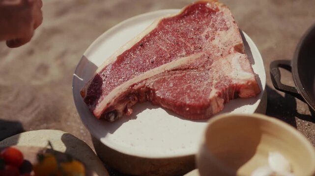 Hand seasoning a raw T-bone steak on a white plate