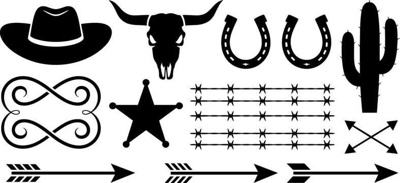 Wild West cowboy element bundle featuring black silhouettes of hat bull skull horseshoes cactus mustache sheriff star barbed wire and arrows vector illustration