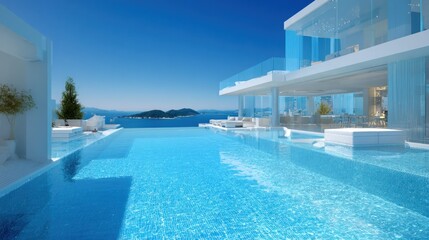 Fototapeta premium Luxurious modern resort architecture features an expansive infinity edge swimming pool overlooking the ocean expanse