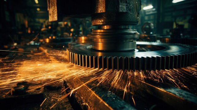 close up of working industrial machinery gears in motion, sparks and metal textures, dramatic factory lighting, high detail engineering photography