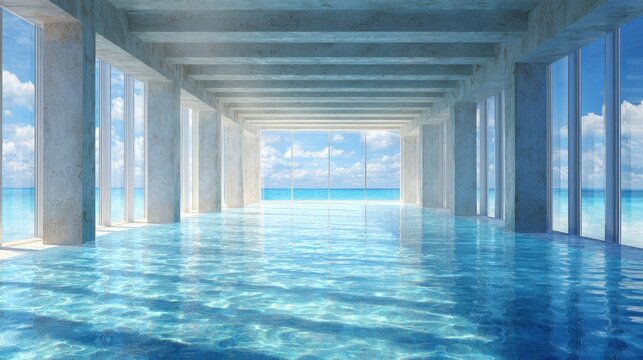 Indoor lap pool overlooking bright ocean horizon through glass walls