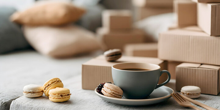 a cozy coffee break featuring a dark grey cup and saucer alongside delicate macarons next to a neat stack of cardboard delivery boxes