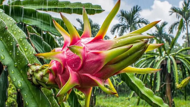 A vibrant dragonfruit flower bud with pink and yellow petals is developing on a tropical plant during a light rain shower.