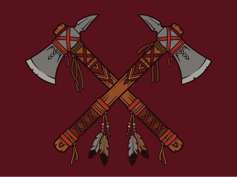 Two crossed tomahawks with feathers and leather wraps on a dark red background.