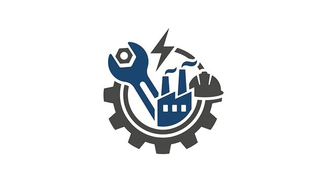 Industrial icon with wrench gear factory chimney and power symbol representing manufacturing engineering maintenance operations