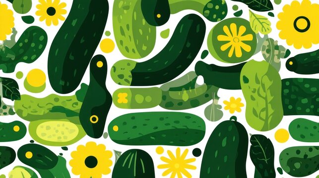Bright, stylized pattern featuring various shapes and shades of green cucumbers interspersed with yellow floral elements