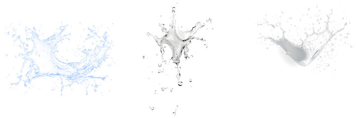 Fototapeta premium Dynamic water splashes captured in mid-air, showing various shapes and forms, isolated on transparent background.