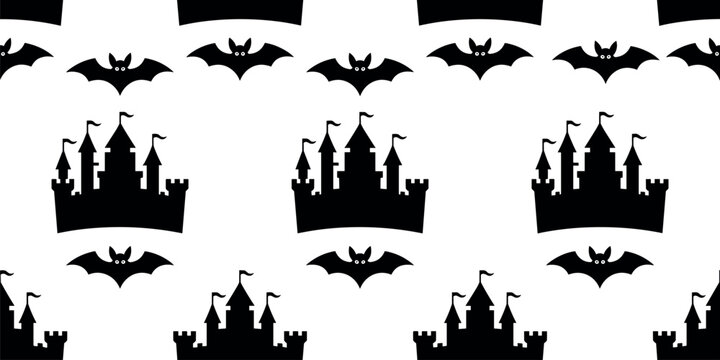 Halloween seamless pattern with black castle silhouettes and flying bats isolated on white background vector illustration