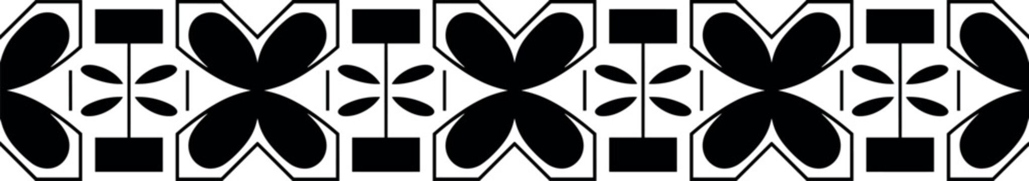 Seamless abstract geometric border vector pattern with symmetrical butterfly and hourglass shapes for elegant monochrome trim design