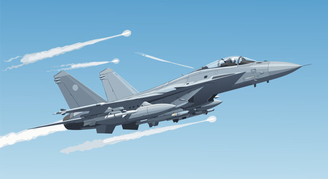 Powerful military jet aircraft in flight, vector illustration showcasing aerial combat readiness with missile launches and dynamic sky trails