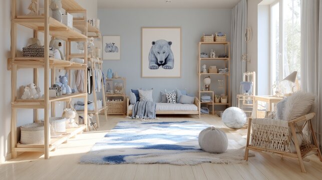 Brightly lit nursery room features natural wood shelving and soft blue accents with animal artwork