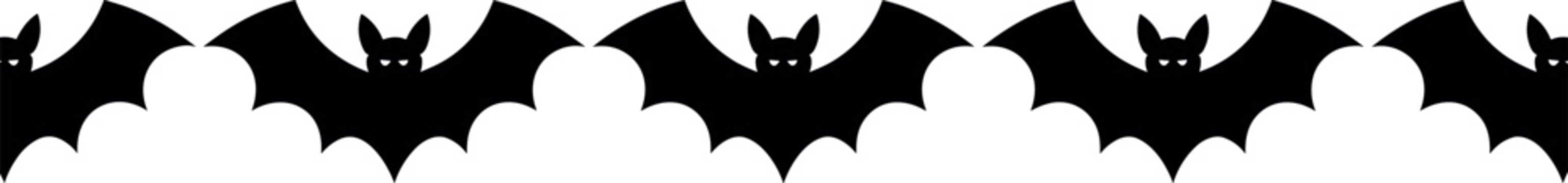 Seamless Halloween bat border vector pattern with spooky black flying bats silhouette for festive party decoration trim