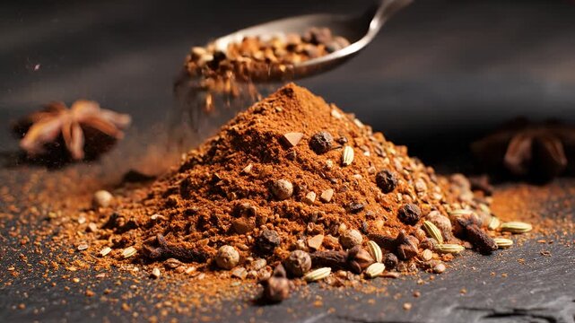 Closeup of a Spoonful of Mixed Spices Poured onto a Pile.