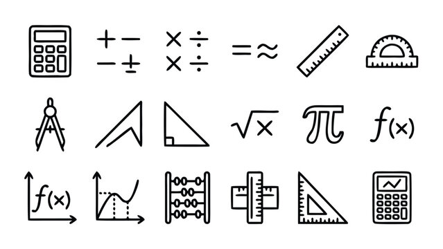 Comprehensive collection of 16 minimalist calculator and math tool line icons including geometry instruments, equations, and school supplies with uniform stroke width on white background.