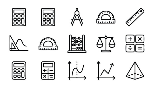 Professional set of 16 minimalist calculator and mathematics tool line icons featuring diverse calculation devices, geometric shapes, and academic symbols with clean uniform stroke width.