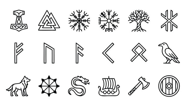 Artistic collection of 16 viking and norse symbol line icons in minimalist vector style with uniform stroke width and organized grid layout for mythology history and ancient cultural design projects.
