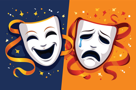 Two theatrical masks representing comedy and tragedy vividly illustrated against a split dark blue background, classic drama symbols of Janus and theater performance in professional vector format.