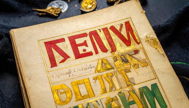 An illuminated Ethiopian Ge'ez manuscript page with vibrant colors, intricate gold leaf, and ancient script