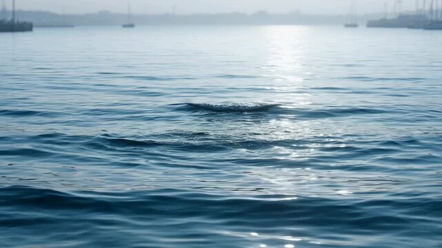 Peaceful morning view of calm ocean waves gently rippling near a distant harbor with small sailing boats