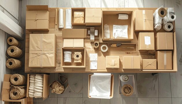 Sustainable Packaging Station with Cardboard Boxes and Twine