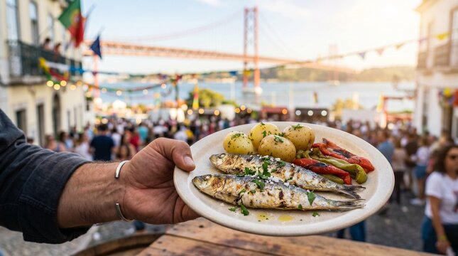 M&atilde;o a Segurar Prato com Sardinhas Assadas, Batatas Cozidas e Pimentos Assados, com a Ponte 25 de Abril e o Rio Tejo em Lisboa. Santo Ant&oacute;nio