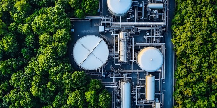 Industrial storage facility with spherical tanks and pipeline system inside dense woodland.
