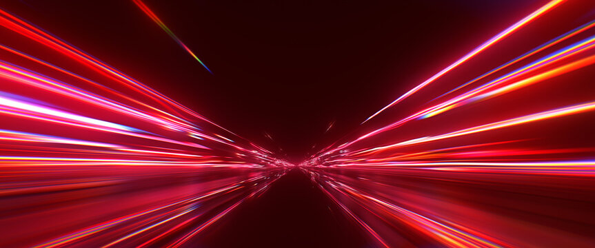 Cinematic high speed neon light trails background. Abstract futuristic digital tunnel with red and orange glowing laser lines. Fast motion blur or hyperspace jump concept. 3D concept render