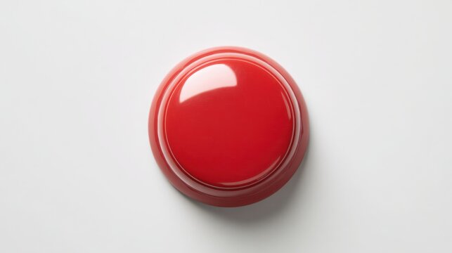 Hyper realistic single red button on clean white background, dramatic soft shadow, minimal modern design, concept of important decision and urgency