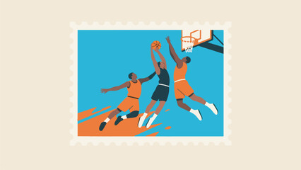 Basketball Sports Stamp Design Illustration, Athlete Doing Slam Dunk, Modern Classic Stamp Design Vector Design Template © Princess