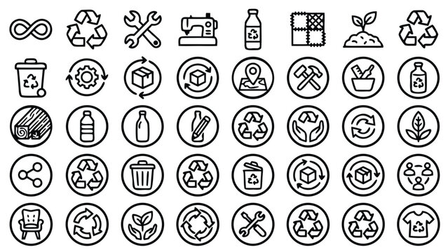 Comprehensive set of 32 circular economy and upcycling icons in a modern bold outline style, featuring symbols for recycling, renewable energy, waste reduction, sustainability, and green living.