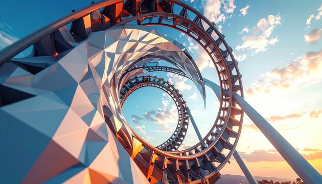 Modern, geometric rollercoaster track spirals against a sunset sky